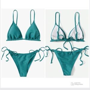 Womens Teal and Black Spaghetti Strap Bikini Set, Bathing Suit with Ties Medium